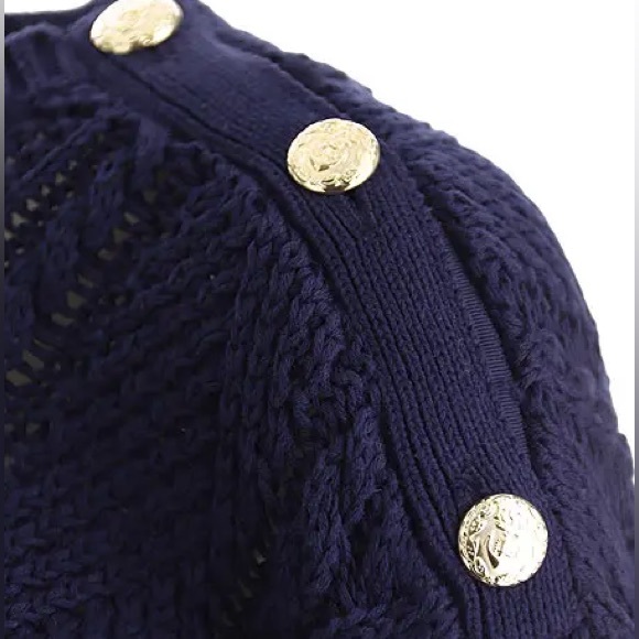 NWT $155 Lauren Woman Aran-Knit Cotton Navy Blue - Picture 2 of 11